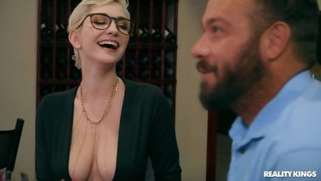 Blonde short haired wife Skye Blue gives the best tit job before sex