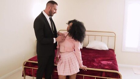 Ebony with curly hair handles monster inches deep in her tiny peach