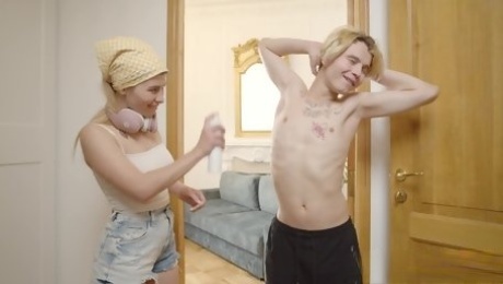 Stepson seduced by his skinny Russian MILF stepmom while cleaning