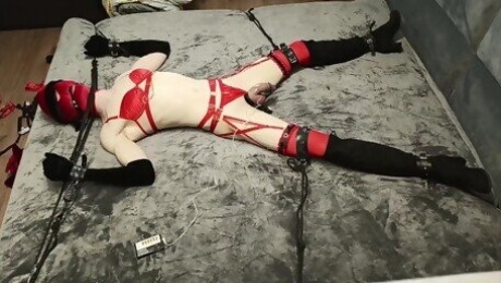 Gagged masked crossdresser selfbound on bed electro torture and breathplay