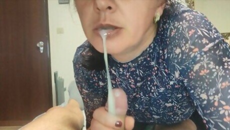 Please don't tell anyone ! MILF Stepmom Housewife Blowjob with Cum in Mouth to help his Stepson